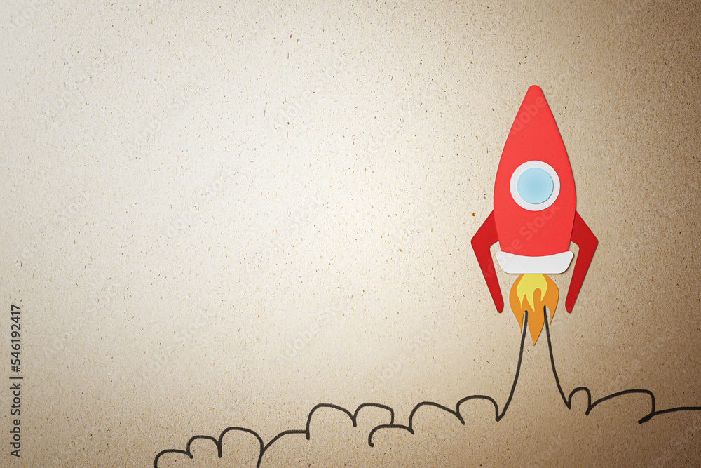Poster Creative image of red rocket sketch flying up on light background with mock up place. Start up and business ideas concept. 3D Rendering.