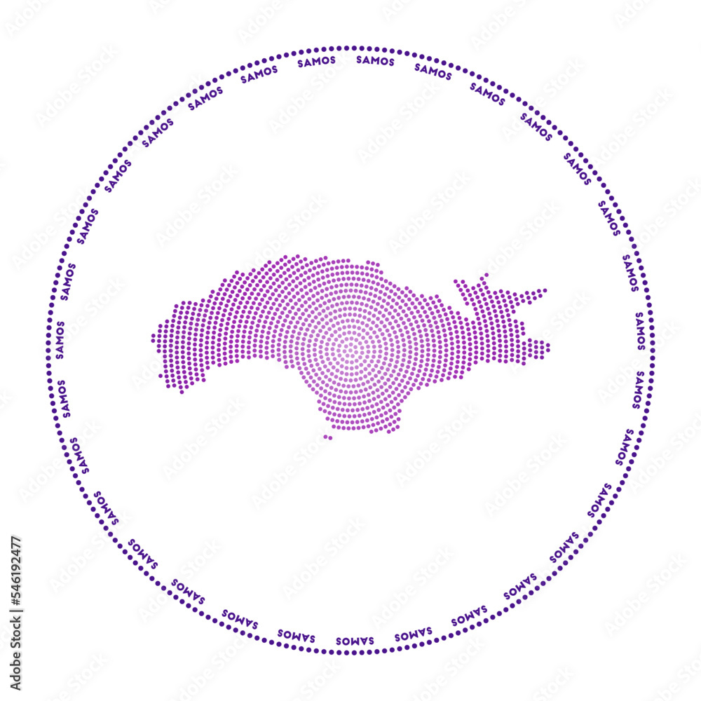 Poster samos round logo. digital style shape of samos in dotted circle with island name. tech icon of the i