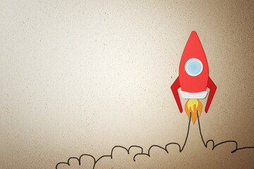 Creative image of red rocket sketch flying up on light background with mock up place. Start up and...