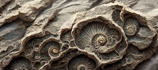 Ammonite sea shell spirals and sandstone rock. Curved layers and detailed blue surface fossil texture patterns - macro closeup background resource.  