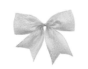 Tied silver bow for gift, decor on isolated background. Holidays