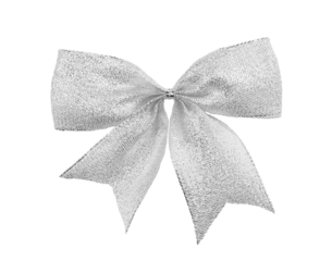 Tied silver bow for gift, decor on isolated background. Holidays