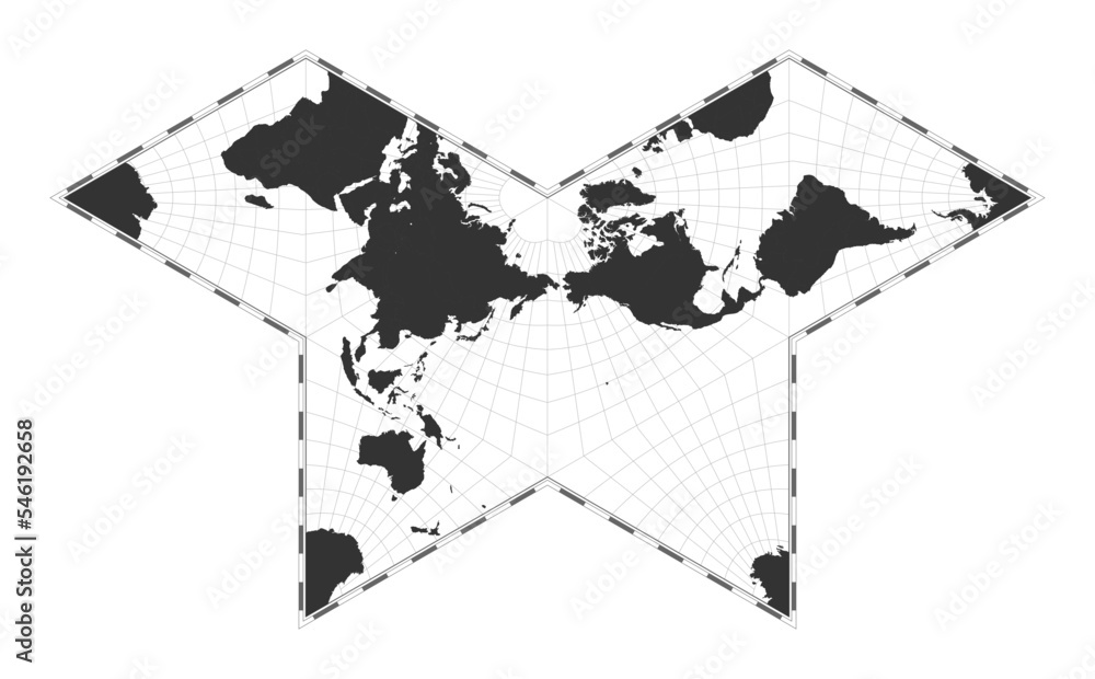 Poster vector world map in a gnomonic butterfly projection. geographical map with latitude and longitude li