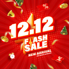 12.12 Flash sale 3D realistic vector sale banner with Christmas elements. - 546192684