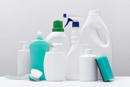 cleaning supplies tool equipments, plastic containers, brush, sponge