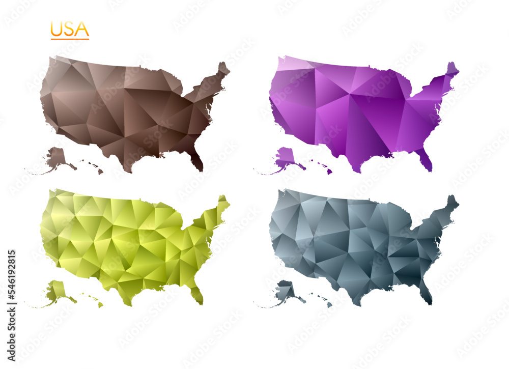 Poster set of vector polygonal maps of the usa. bright gradient map of the country in a low poly style. mul