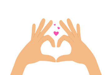 Vector illustration. Hand pose concept. A male or female hand showing a heart. The picture shows small pink hearts. Cartoon style. Suitable for a sticker or emoji for messengers.