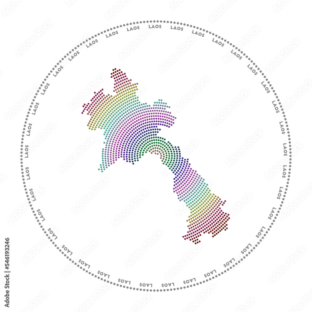 Poster laos round logo. digital style shape of laos in dotted circle with country name. tech icon of the co