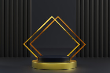  product podium is presented in black and gold tones.3D renders.