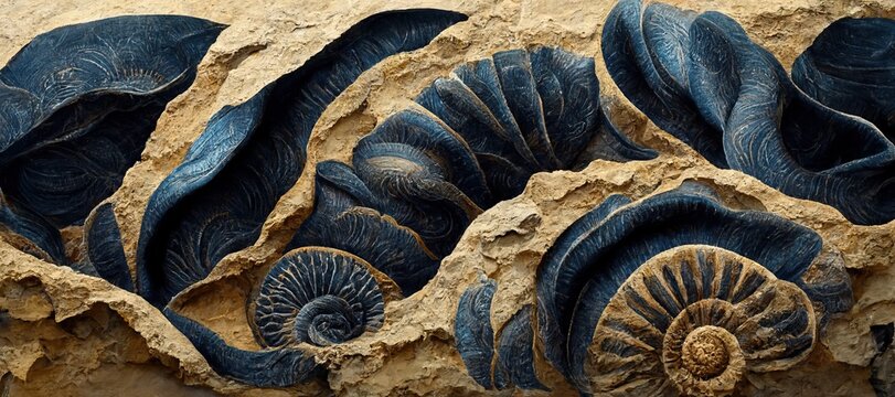 Ammonite sea shell spirals and sandstone rock. Curved layers and detailed blue surface fossil texture patterns - macro closeup background resource.  