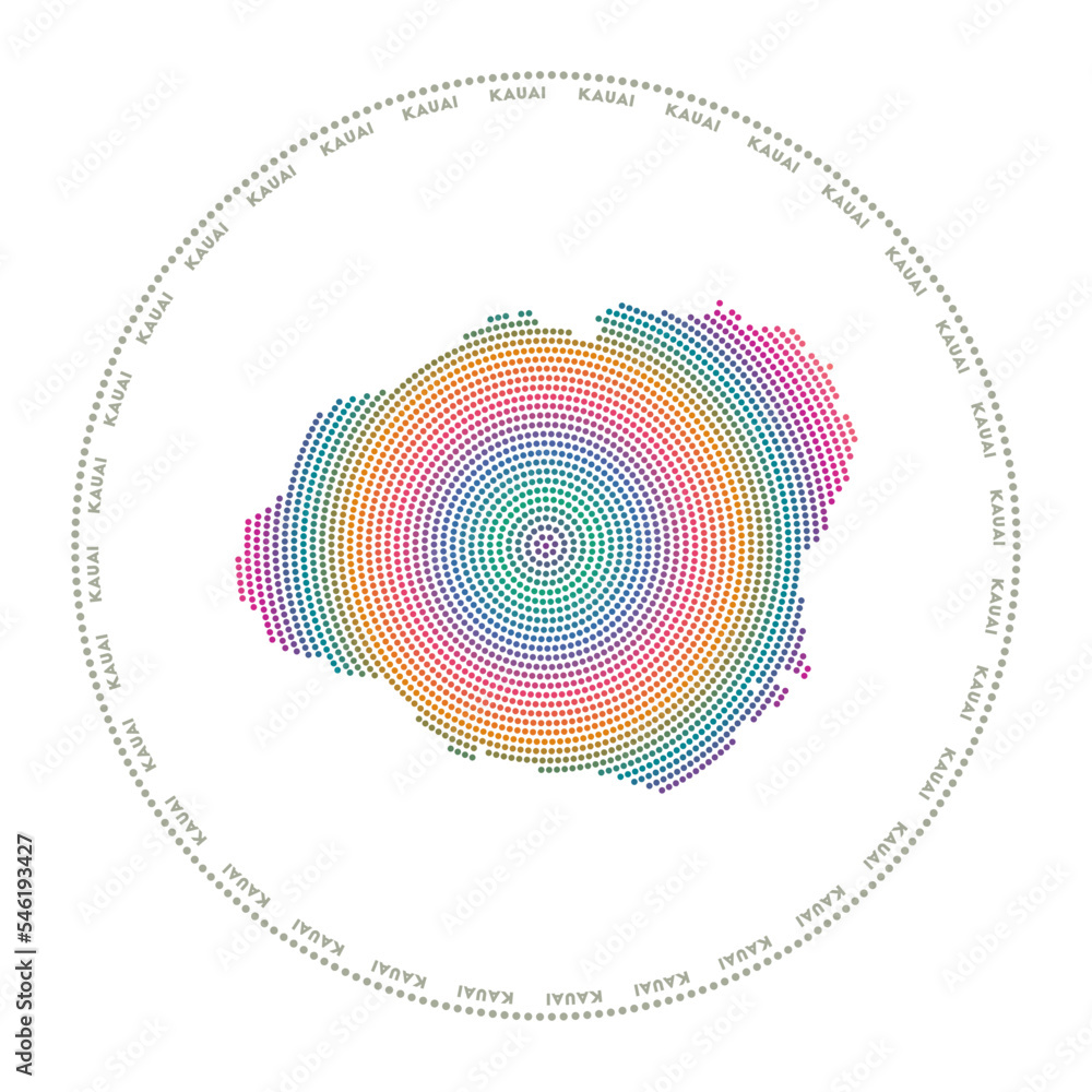 Poster kauai round logo. digital style shape of kauai in dotted circle with island name. tech icon of the i