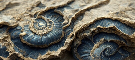 Ammonite sea shell spirals and sandstone rock. Curved layers and detailed blue surface fossil texture patterns - macro closeup background resource.  