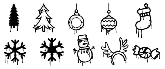 Set of christmas elements spray paint vector. Graffiti, grunge elements of pine tree, bauble, snowflake, snowman, sock, candy on white background. Design illustration for decoration, card, sticker. © TWINS DESIGN STUDIO
