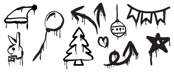 Set of christmas elements black spray paint vector. Graffiti, grunge elements of santa hat, balloon, tree, rabbit, bauble, star on white background. Design illustration for decoration, card, sticker.