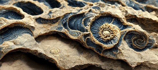 Ammonite sea shell spirals and sandstone rock. Curved layers and detailed blue surface fossil texture patterns - macro closeup background resource.   - obrazy, fototapety, plakaty