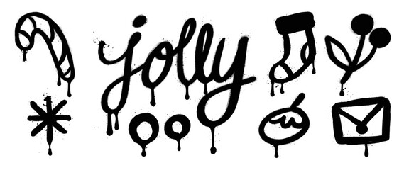 Set of christmas elements black spray paint vector. Graffiti, grunge elements of snowflake, candy cane, sock, berry, letter on white background. Design illustration for decoration, card, sticker. © TWINS DESIGN STUDIO