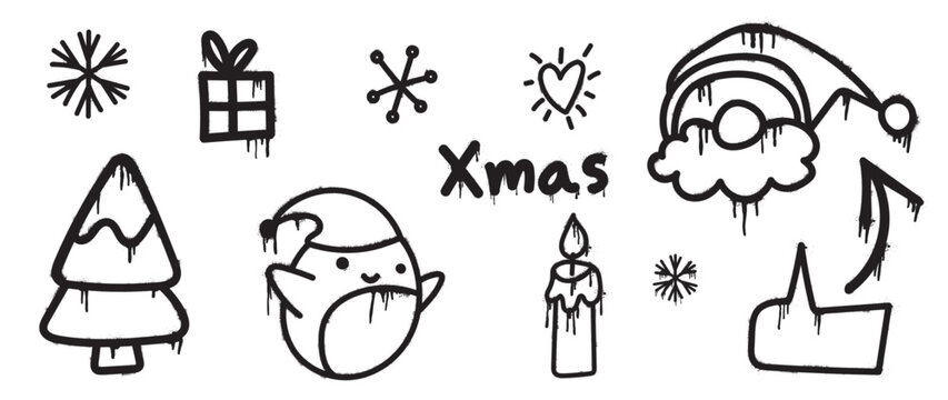 Set of christmas elements black spray paint vector. Graffiti, grunge elements of snowflake, santa, penguin, tree, candle light on white background. Design illustration for decoration, card, sticker.