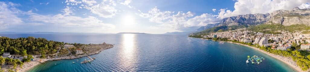 Fototapeta na wymiar Makarska riviera tower and coastline view, Dalmatia region of Croatia