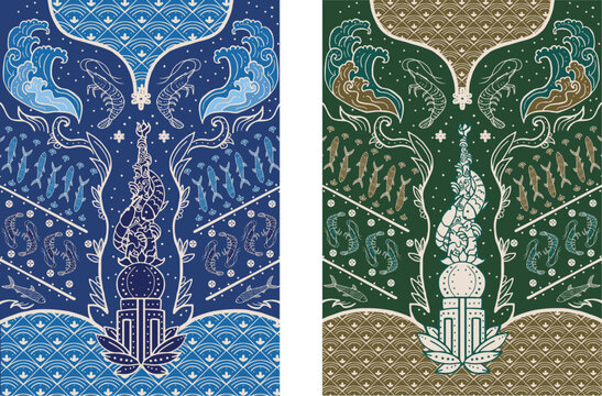 Indonesia Batik Textile Design about fish, shrimp, ocean, 
and wave in blue and green color. Perfect for clothes, shirt, printed fabric