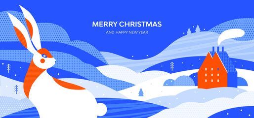 Merry Christmas and happy New year horizontal banner. Winter landscape of countryside with cozy house. Cute hare among snowy hills, snowdrifts, trees. Chinese zodiac Rabbit symbol. Vector illustration