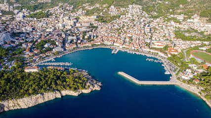 Aerial Photo drone Makarska, Croatia. Coast city, sea and mountains