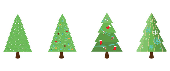 Set of decorated christmas trees vector. Collection of ornamental christmas trees with garland, tinsel, baubles, star on white background. Design illustration for decoration, card, sticker, poster.
