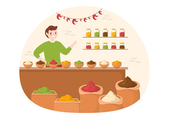 Spice Shop with Different Hot Spices, Condiment, Exotic Fresh Seasoning and Traditional Herbs in Flat Cartoon Hand Drawn Templates Illustration