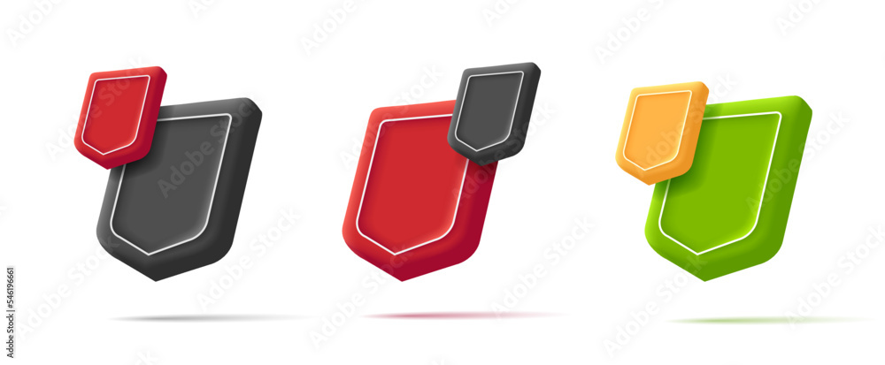 Aufkleber 3d render isometric shields icon, empty shape in different colors with badge on top corner