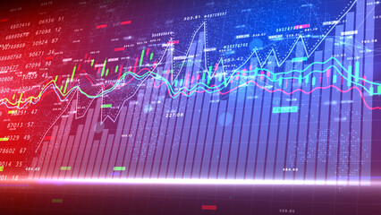 Digital Data Financial Investment And Trading Trends, Financial Diagram With Charts Stock Numbers, Recession Global Market Crisis Inflation Deflation Investment Background. 3d Rendering