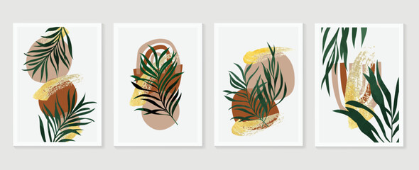 Fototapeta na wymiar Contemporary abstract design wall art vector set. Tropical leaves with gold brush stroke and earthtone color abstract shape. Design illustration for wallpaper, wall decor, card, poster, cover, print.