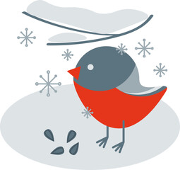 Winter bullfinch with seeds on snow and snowflakes