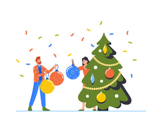 Happy Man and Woman Decorating Christmas Tree Put Balls on Branches. Male and Female Characters Preparing for New Year