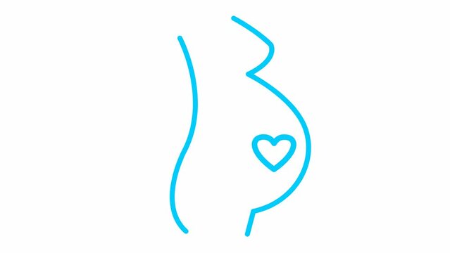 Animated blue linear pregnant with baby heart. Looped video of heartbeating. Concept of pregnancy, motherhood. Vector illustration isolated on the white background.