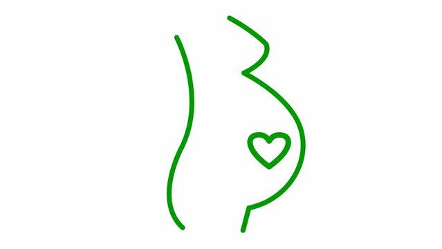 Animated green linear pregnant with baby heart. Looped video of heartbeating. Concept of pregnancy, motherhood. Vector illustration isolated on the white background.
