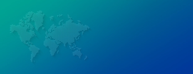 Illustration of a world map made of stars on a blue background. Horizontal banner