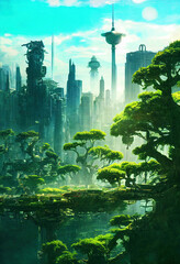 Fototapeta na wymiar An enormous Green labyrinth, Beautiful Solarpunk architecture, greenery vertical gardens. Fantasy Future Art Background. For AD, WEB, UI, Game, Novel, Poster.