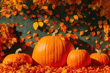 Naklejka na ściany i meble Pumpkins nestled among autumn leaves. 