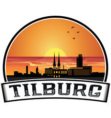 Tilburg Netherlands Skyline Sunset Travel Souvenir Sticker Logo Badge Stamp Emblem Coat of Arms Vector Illustration EPS