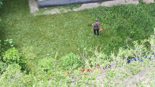 Worker moving tall grass with petrol lawn trimmer in  yard of city (top view)