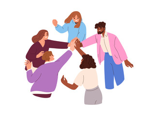 Happy business team giving high five. Success celebration concept. Group of people partners together, unity. Teamwork and partnership. Flat graphic vector illustration isolated on white background