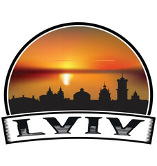 Lviv Ukraine Skyline Sunset Travel Souvenir Sticker Logo Badge Stamp Emblem Coat of Arms Vector Illustration EPS