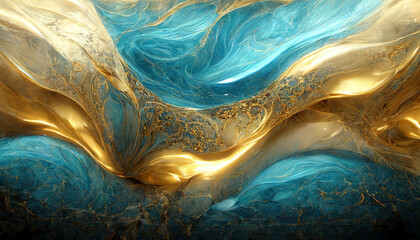 Abstract blue and gold marble background. Digital art marbling texture. 