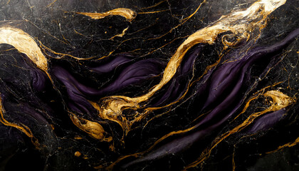 Abstract luxury marble background. Modern digital painting. Gold, black and purple colors