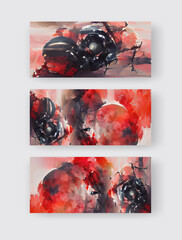 Black red ink brush stroke backgrounds set. Japanese style.