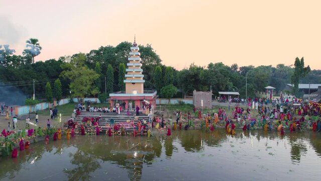 Aerial view of Chhath puja festival celebrated in the Indian states of Bihar, Uttar Pradesh, West Bengal, Jharkhand and also in the Nepal country, Chhath Mahaparv celebrated in the temple complex