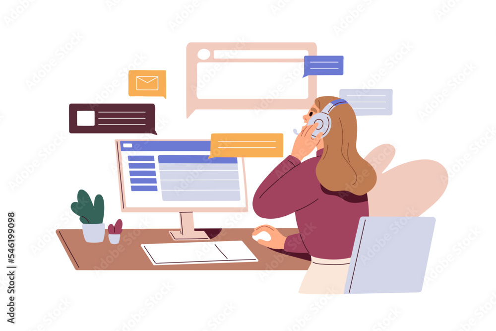 Aufkleber work in call center, support service, hotline. operator in headset talking to customers, business cl