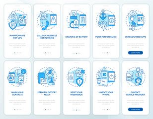 Mobile phone cyber attack blue onboarding mobile app screen set. Walkthrough 5 steps editable graphic instructions with linear concepts. UI, UX, GUI template. Myriad Pro-Bold, Regular fonts used