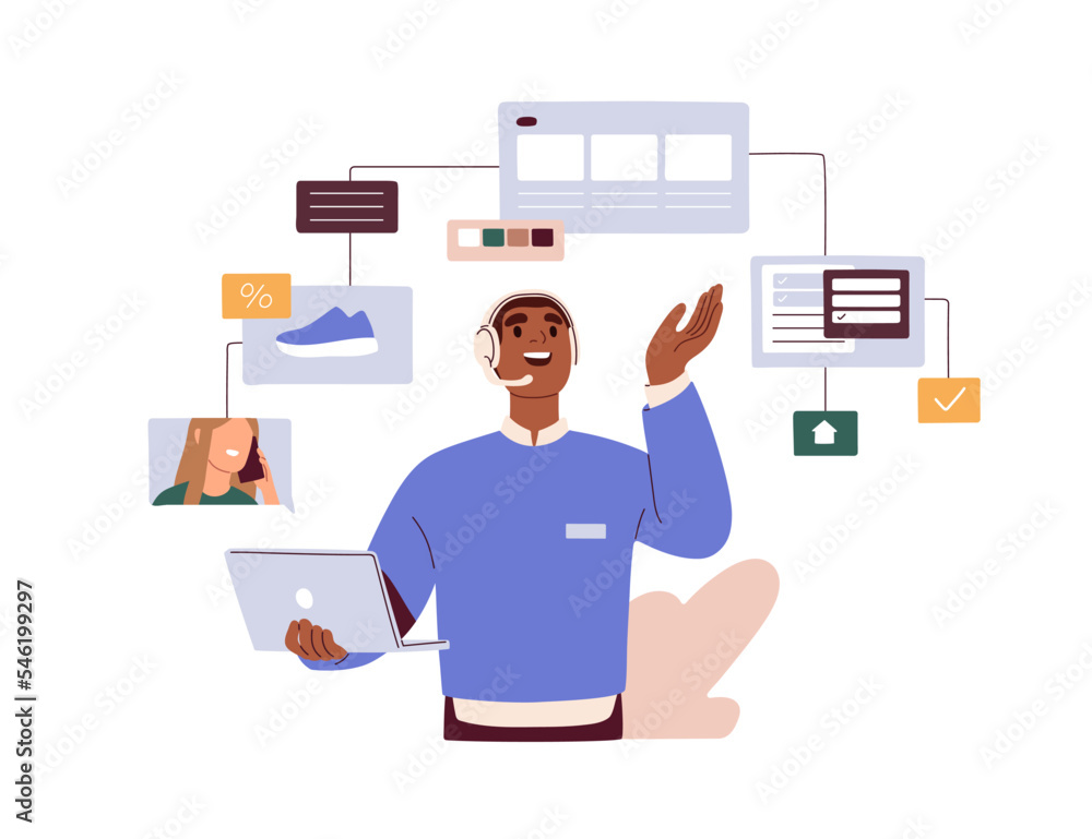 Aufkleber Online assistant, remote consultant helping customer during call to virtual shop. Internet store operator in headset consulting client. Flat graphic vector illustration isolated on white background