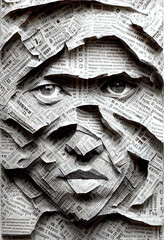 Face made from newspaper clippings.