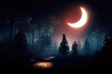 Bright moon over magical dark forest at night